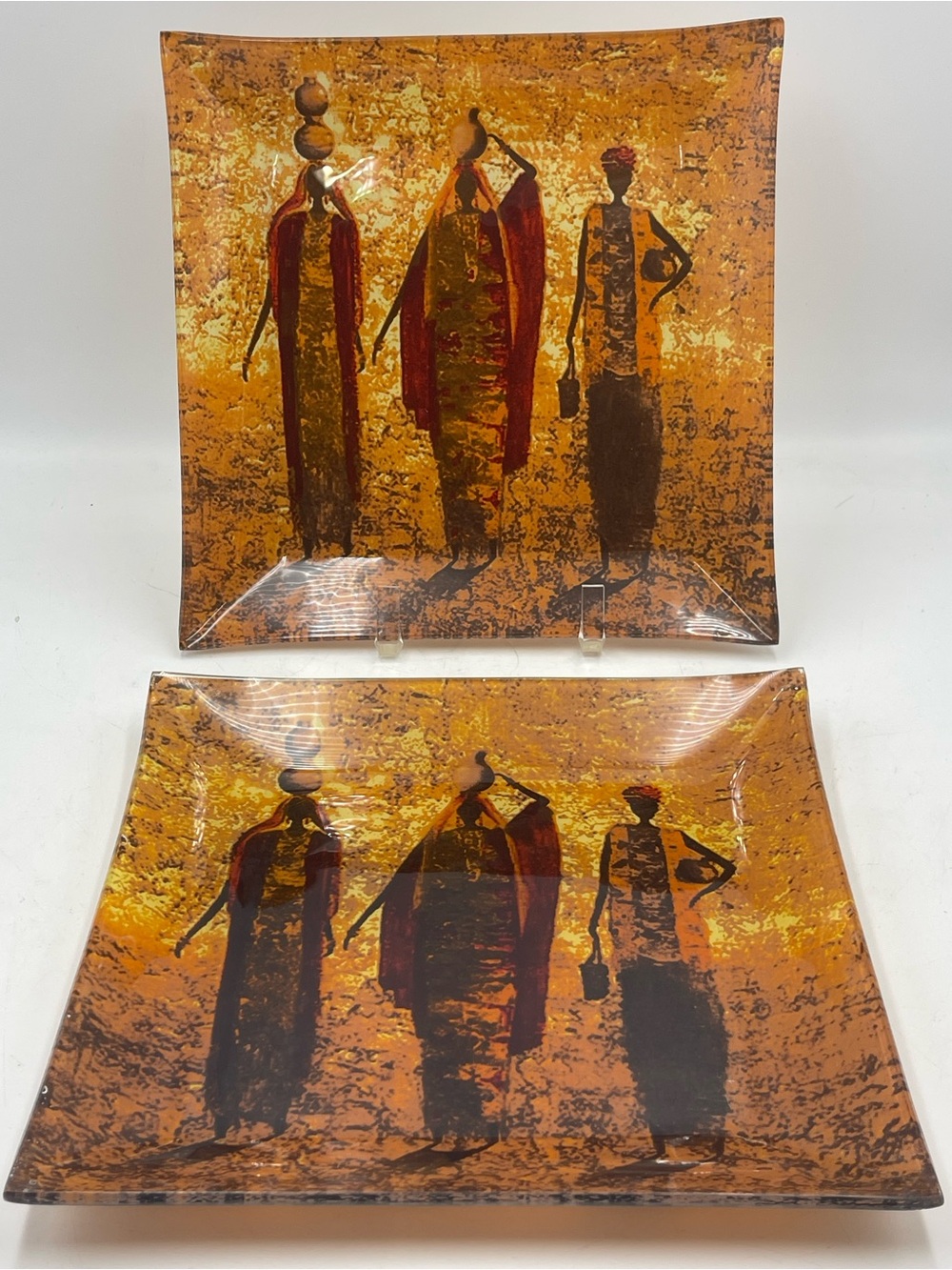 Fused Glass Decorative Tray 2pc Set “African Tribal Women Silhouette” Gold Amber